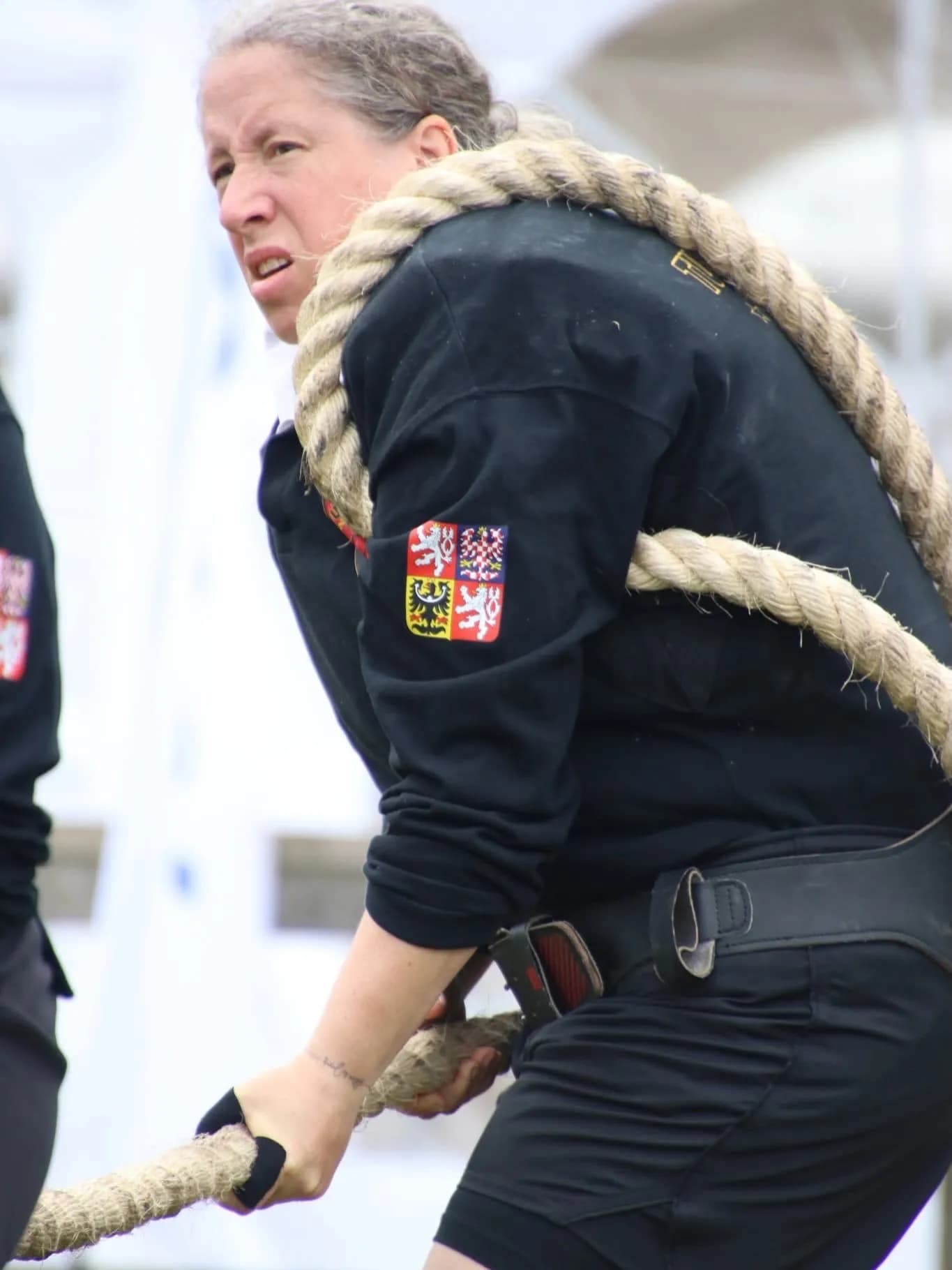 Detail: der Griff am Seil und das Wappen auf der Brust.